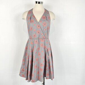 Boden Floral A Line Halter Dress Womens Size 8 Petite 8P Gray Coral Pink Pleated